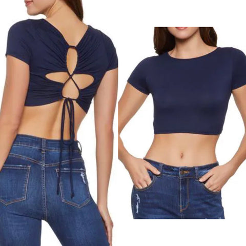 Navy crop top with back ties