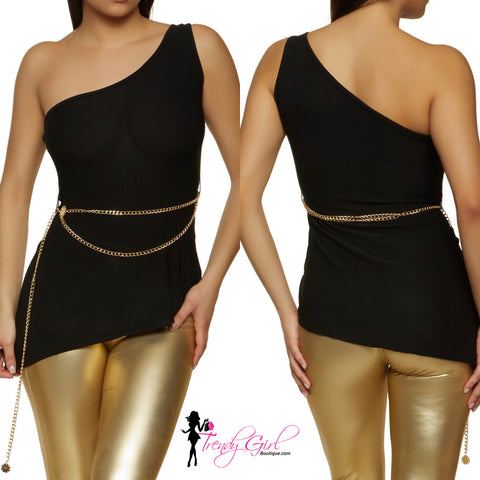 Side Swept Top With Gold Chain Belt